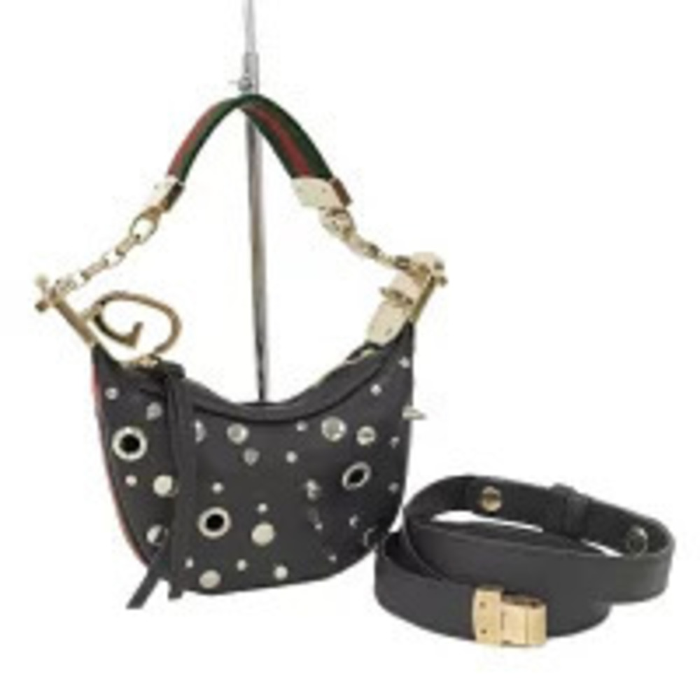 Gucci black leather studded grommet embellished 2way shoulder bag web